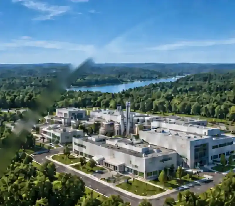 Concept rendering of a research campus set in forest beside a lake